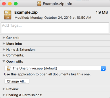 Set the "Open with" application in the Info dialog of a .zip file